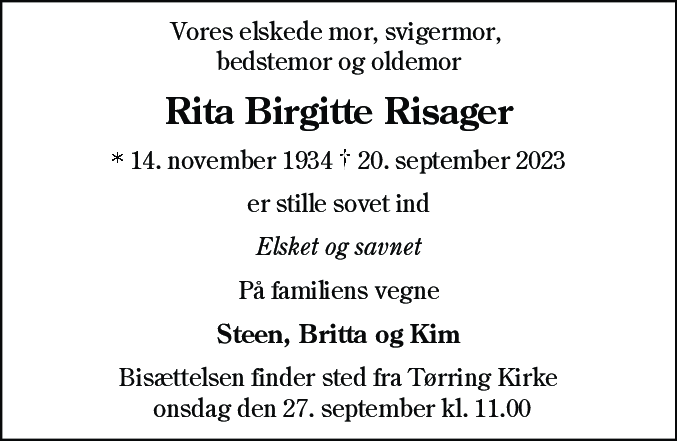Dødsannonce for Rita Birgitte Risager