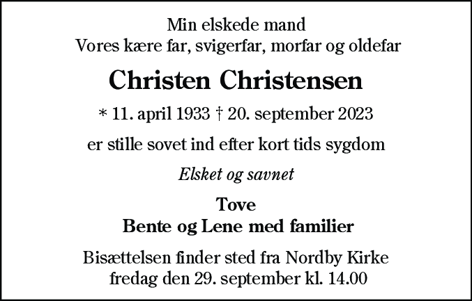 Dødsannonce for Christen Christensen
