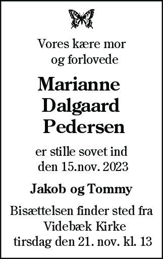 Dødsannonce for Marianne Dalgaard Pedersen