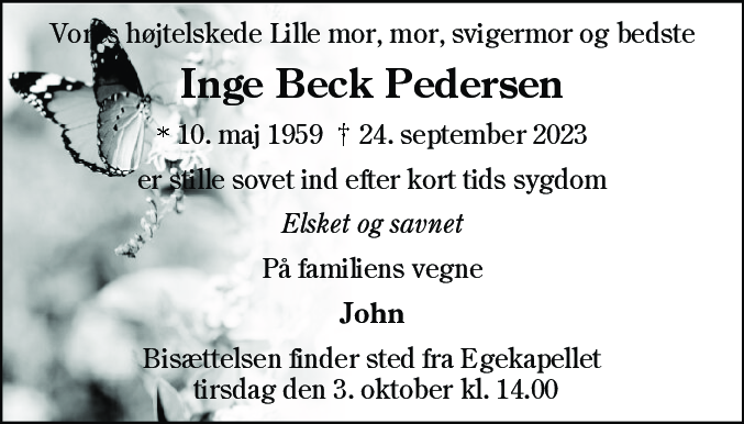 Dødsannonce for Inge Beck Pedersen