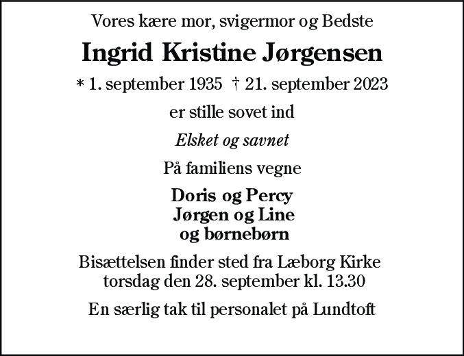Dødsannonce for Ingrid Kristine Jørgensen