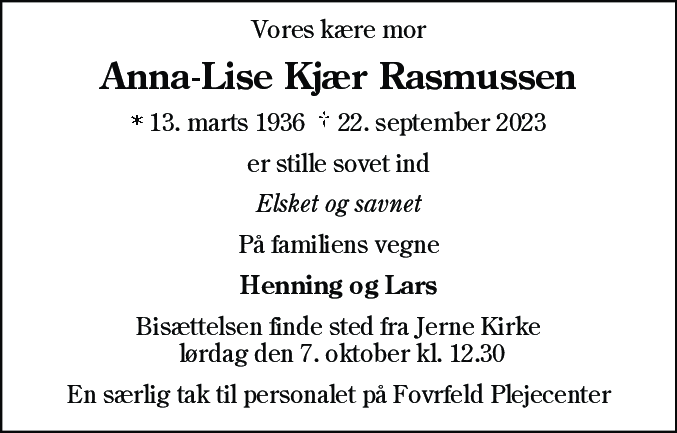 Dødsannonce for Anna-Lise Nielsen Rasmussen