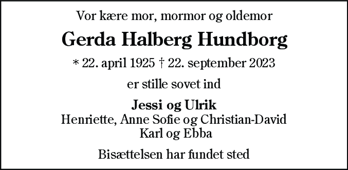 Dødsannonce for Gerda Halberg Hundborg
