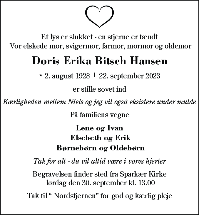 Dødsannonce for Doris Erika Bitsch Hansen