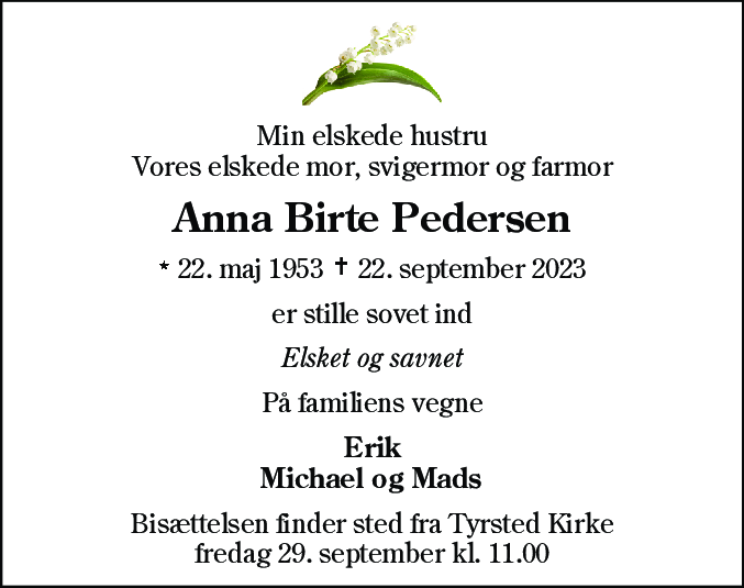 Dødsannonce for Anna Birte Pedersen