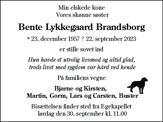 Dødsannonce for Bente Lykkegaard Brandsborg