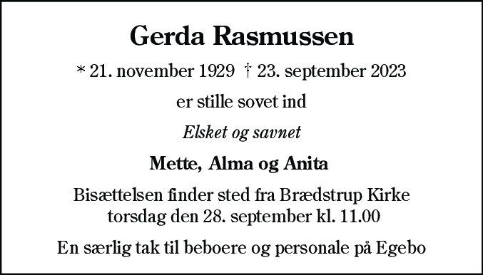 Dødsannonce for Gerda Rasmussen