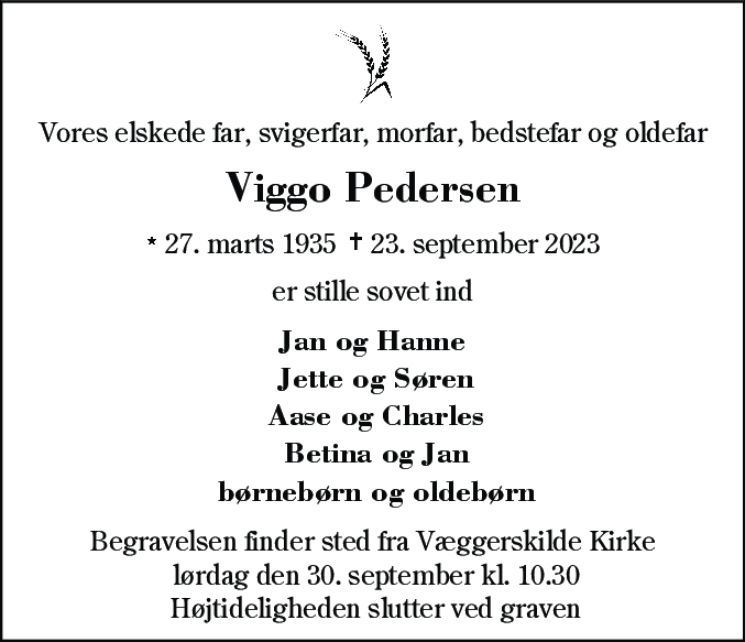 Dødsannonce for Viggo Pedersen