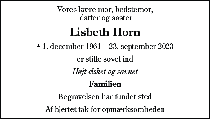 Dødsannonce for Lisbeth Horn