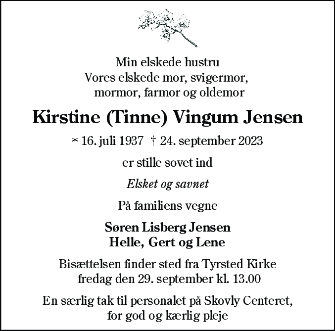 Dødsannonce for Kirstine Vingum Jensen