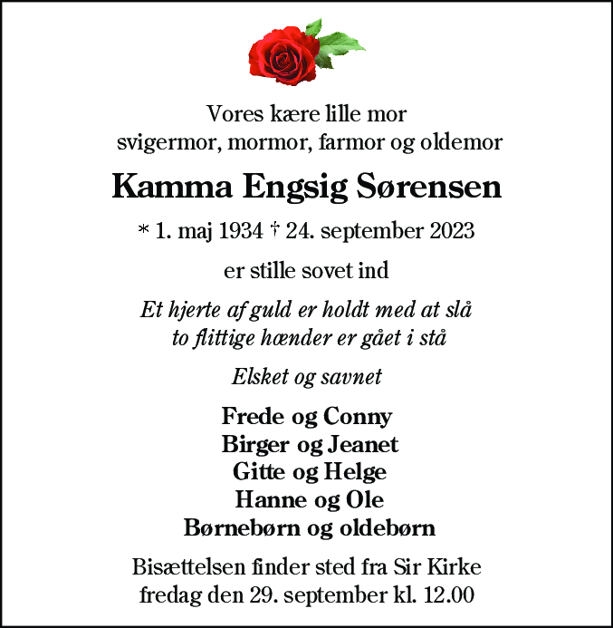 Dødsannonce for Kamma Sørensen