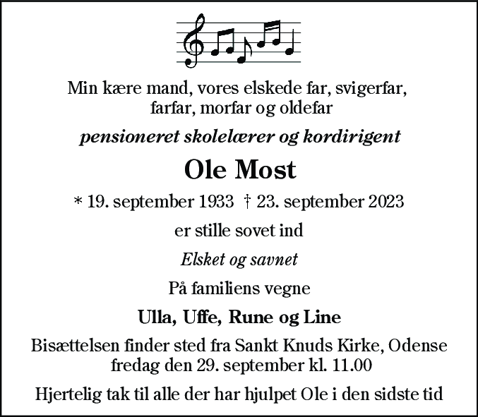 Dødsannonce for Ole Most