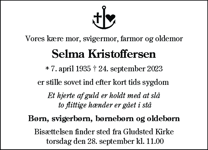 Dødsannonce for Selma Kristoffersen