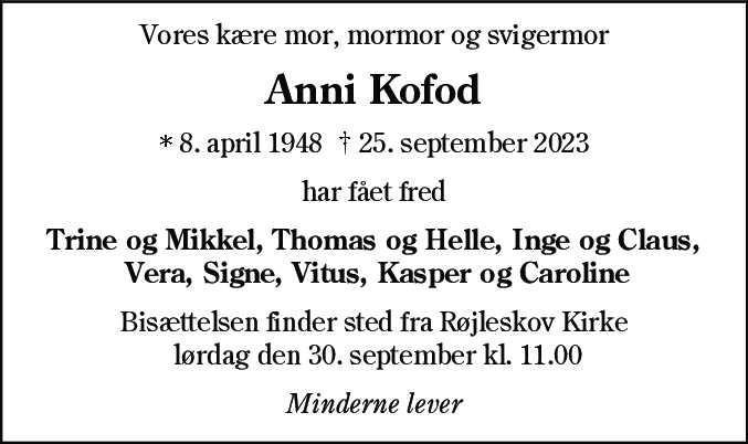 Dødsannonce for Anni Kofod