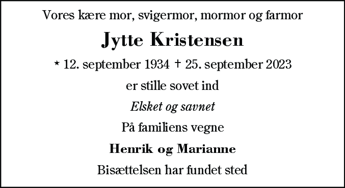 Dødsannonce for Jytte Kristensen