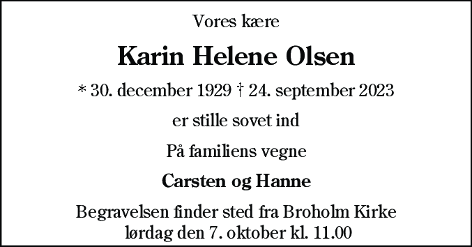 Dødsannonce for Karin Helene Olsen