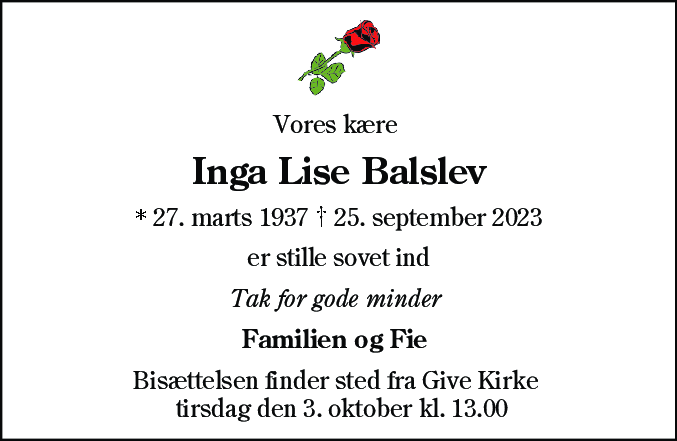 Dødsannonce for Inga Lise Balslev