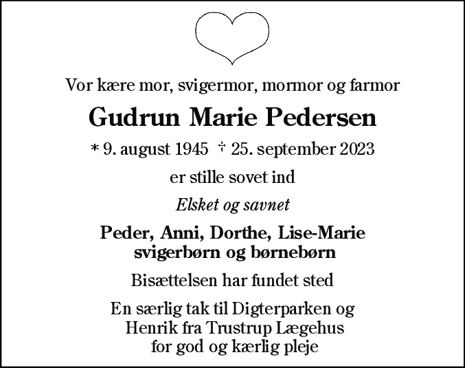 Dødsannonce for Gudrun Marie Pedersen