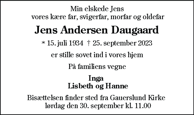 Dødsannonce for Jens Andersen Daugaard