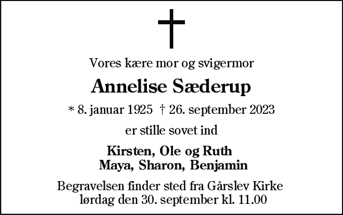 Dødsannonce for Annelise Sæderup
