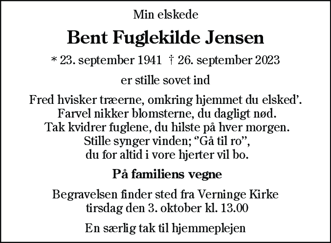 Dødsannonce for Bent Fuglekilde Jensen