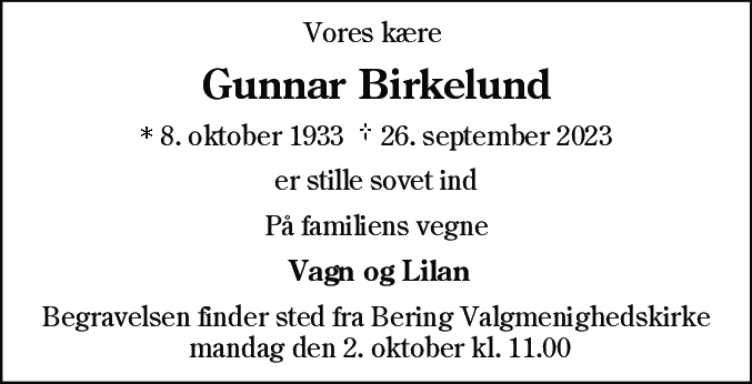 Dødsannonce for Gunnar Birkelund