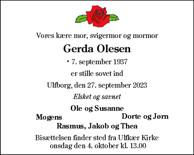 Dødsannonce for Gerda Olesen