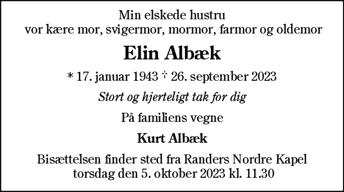 Dødsannonce for Elin Albæk
