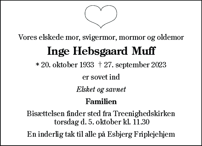 Dødsannonce for Inge Hebsgaard Muff
