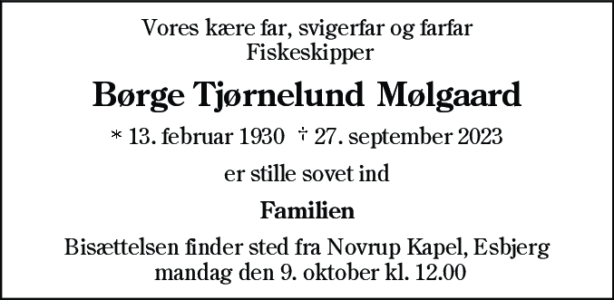 Dødsannonce for Børge Tjørnelund Mølgaard