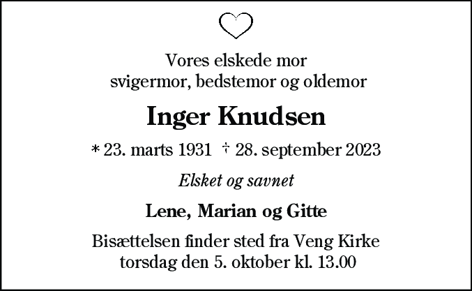 Dødsannonce for Inger Knudsen