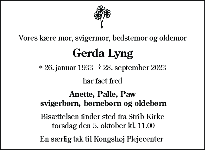 Dødsannonce for Gerda Lyng