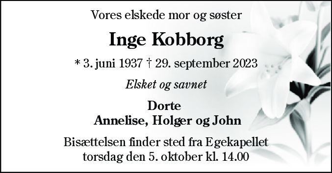 Dødsannonce for Inge Kobborg
