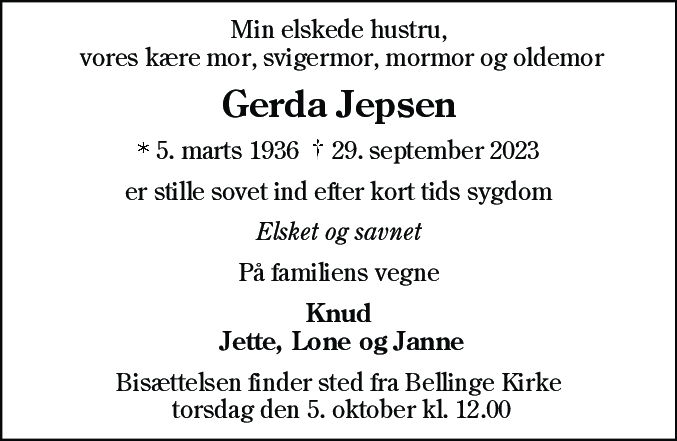 Dødsannonce for Gerda Jepsen