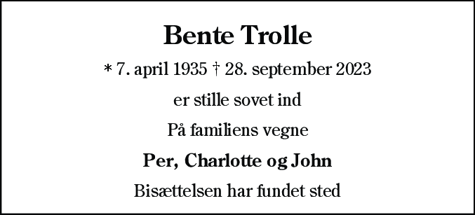 Dødsannonce for Bente Trolle