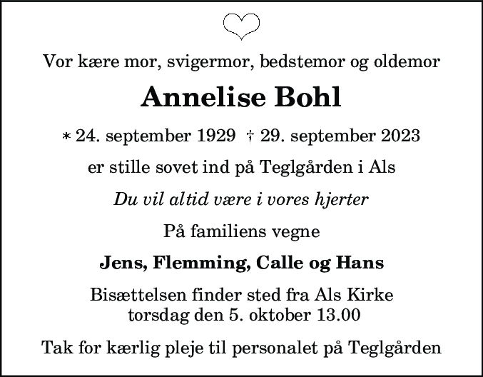 Dødsannonce for Annelise Bohl