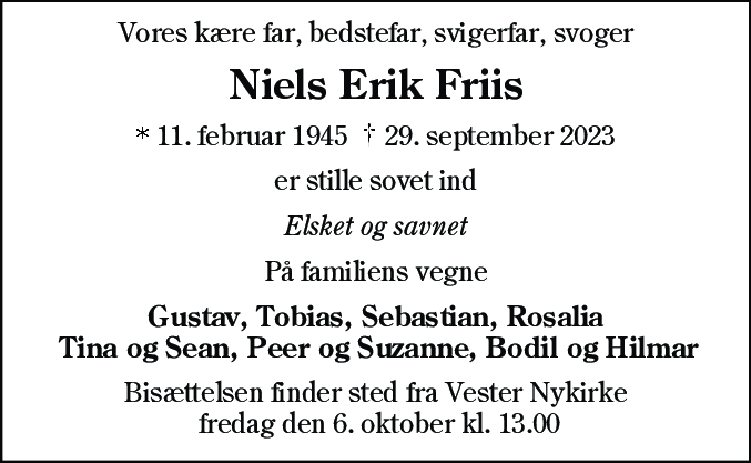 Dødsannonce for Niels Erik Hansen Friis