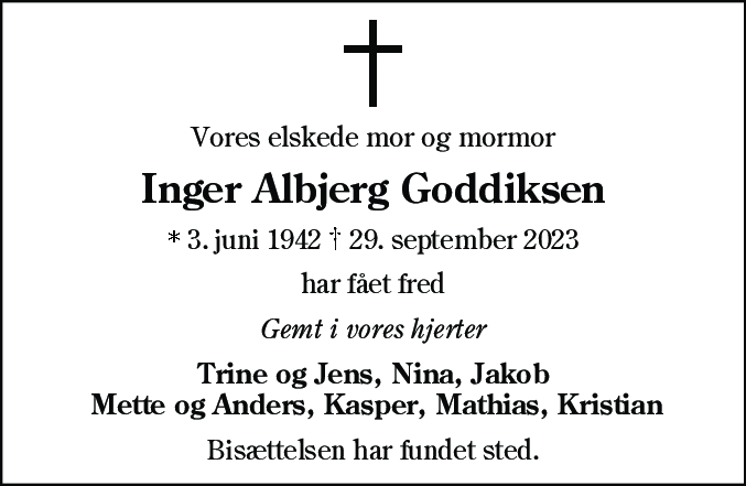 Dødsannonce for Inger Albjerg Goddiksen