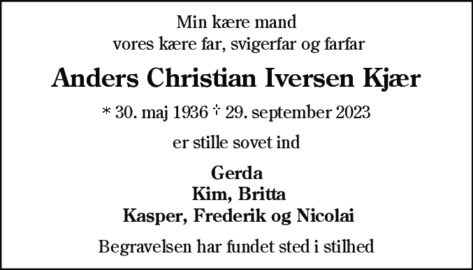 Dødsannonce for Anders Christian Iversen Kjær