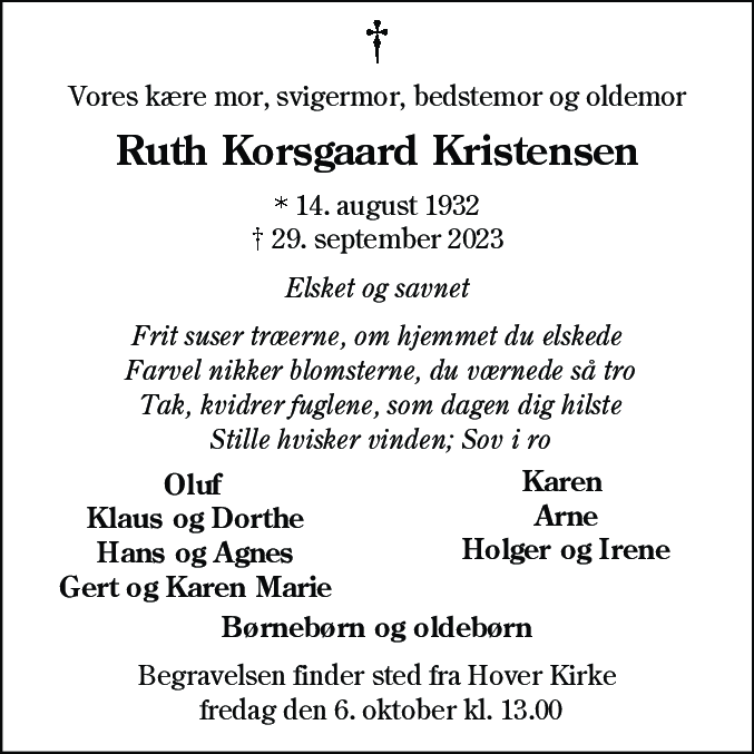Dødsannonce for Ruth Korsgaard Kristensen