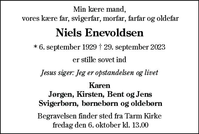 Dødsannonce for Niels Enevoldsen