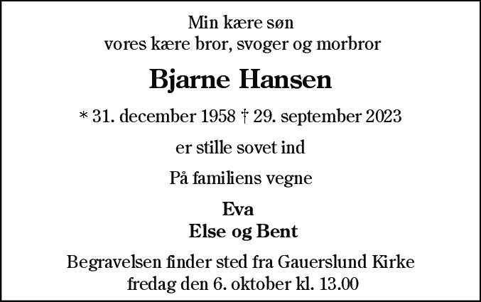 Dødsannonce for Bjarne Hansen