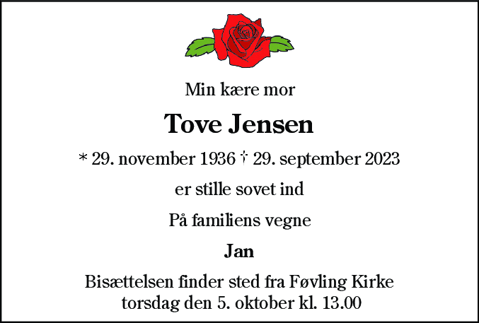 Dødsannonce for Tove Jensen