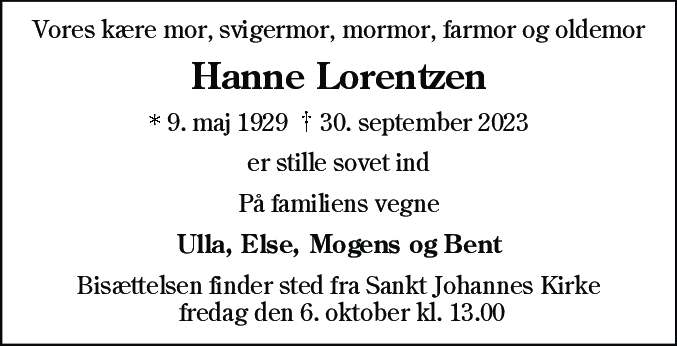 Dødsannonce for Hanne Lorentzen
