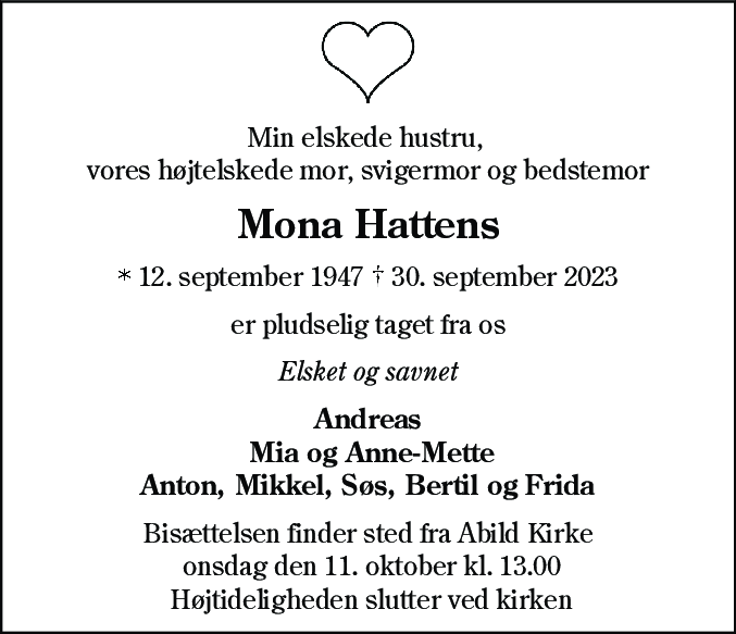 Dødsannonce for Mona Hattens