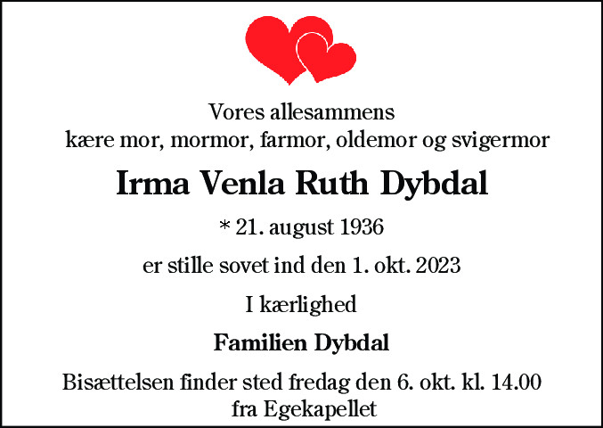 Dødsannonce for Irma Venla Ruth Dybdal
