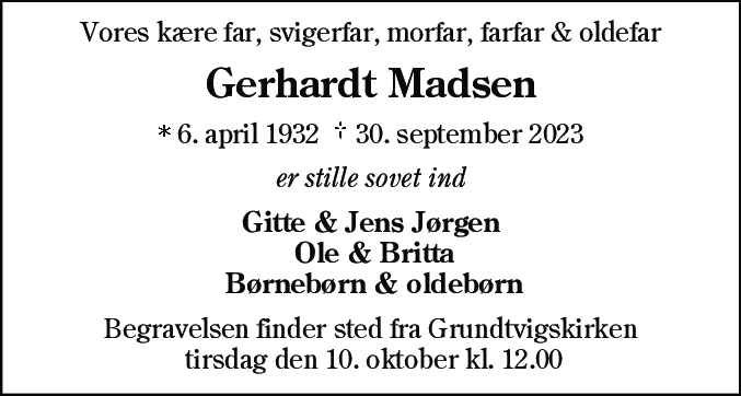 Dødsannonce for Gerhardt Madsen