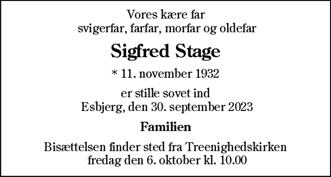 Dødsannonce for Niels Sigfred Christensen Stage