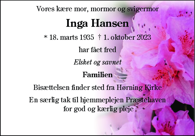 Dødsannonce for Inga Hansen