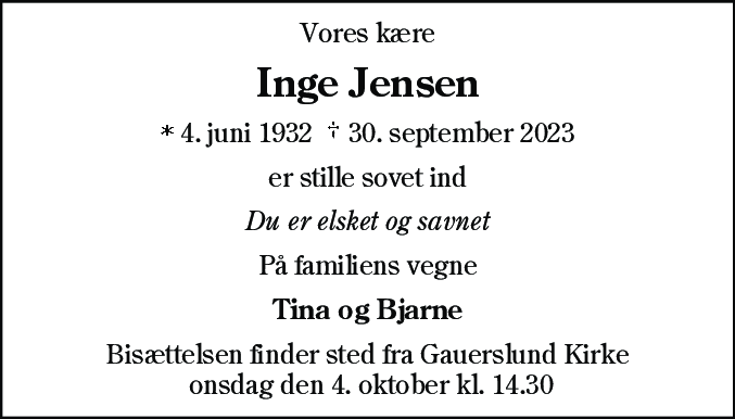 Dødsannonce for Inge Jensen